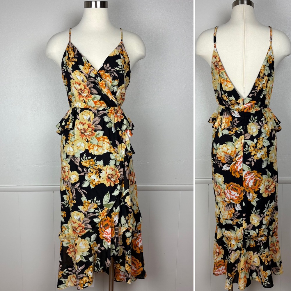Bardot NWT Black Floral Ruffled Faux Wrap Midi Dress Size 6/Small Lined Flirty
